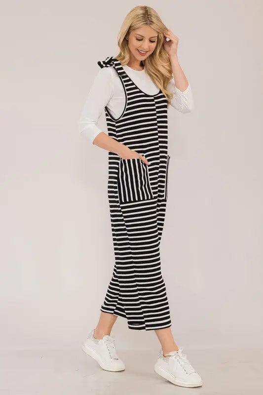Striped Scoop Neck Overalls - Eclectage