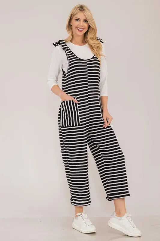Striped Scoop Neck Overalls - Eclectage