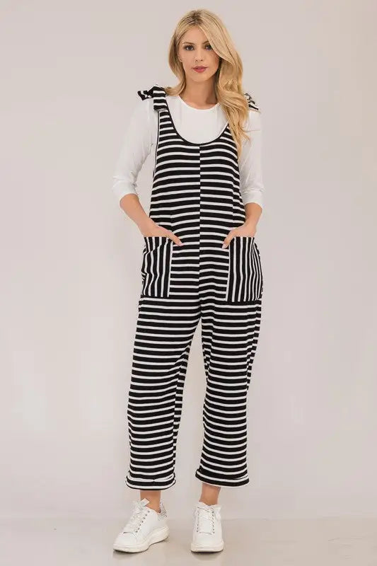Striped Scoop Neck Overalls - Eclectage