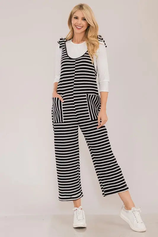 Striped Scoop Neck Overalls - Eclectage