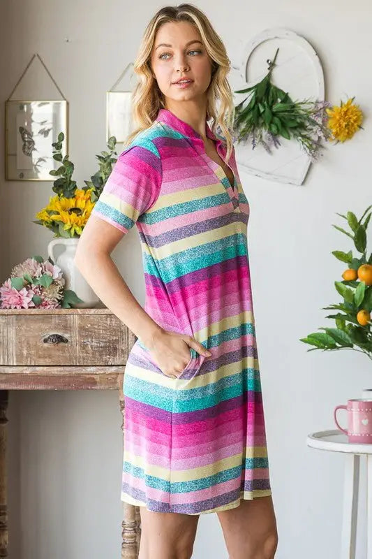 Striped Short Sleeve Mini Tee Dress - Mini Dresses