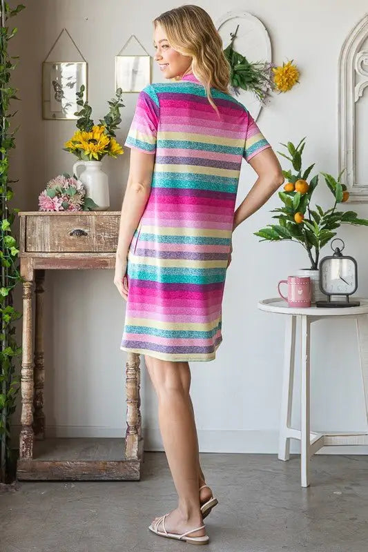 Striped Short Sleeve Mini Tee Dress - Mini Dresses