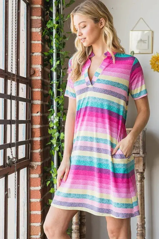 Striped Short Sleeve Mini Tee Dress - Mini Dresses