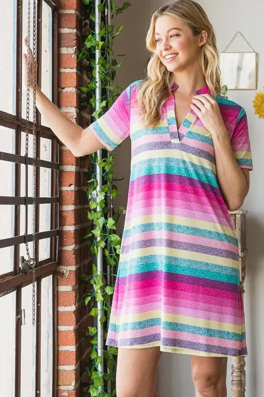 Striped Short Sleeve Mini Tee Dress - Mini Dresses