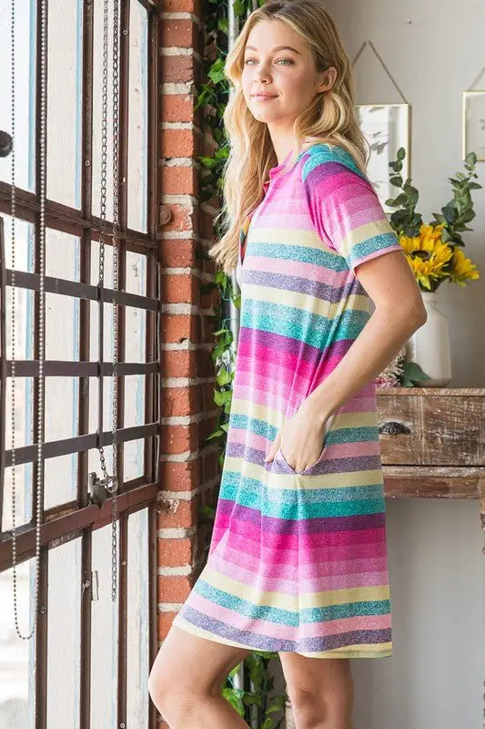 Striped Short Sleeve Mini Tee Dress - Mini Dresses