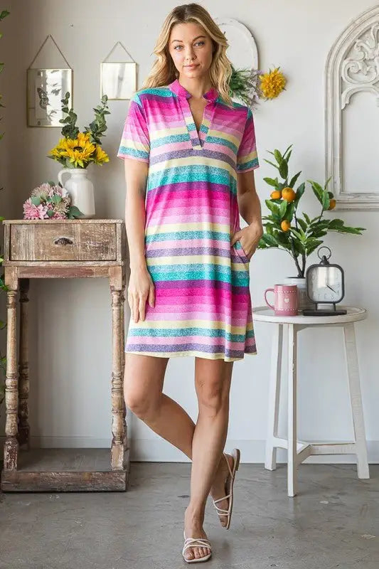 Striped Short Sleeve Mini Tee Dress - Mini Dresses