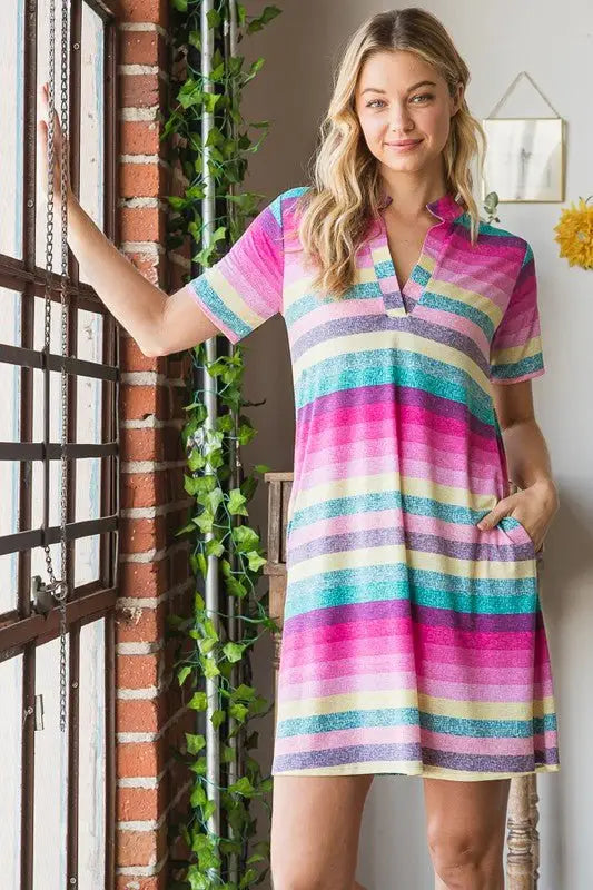 Striped Short Sleeve Mini Tee Dress - Mini Dresses