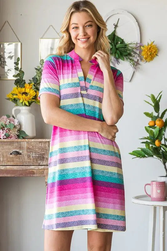 Striped Short Sleeve Mini Tee Dress - Mini Dresses