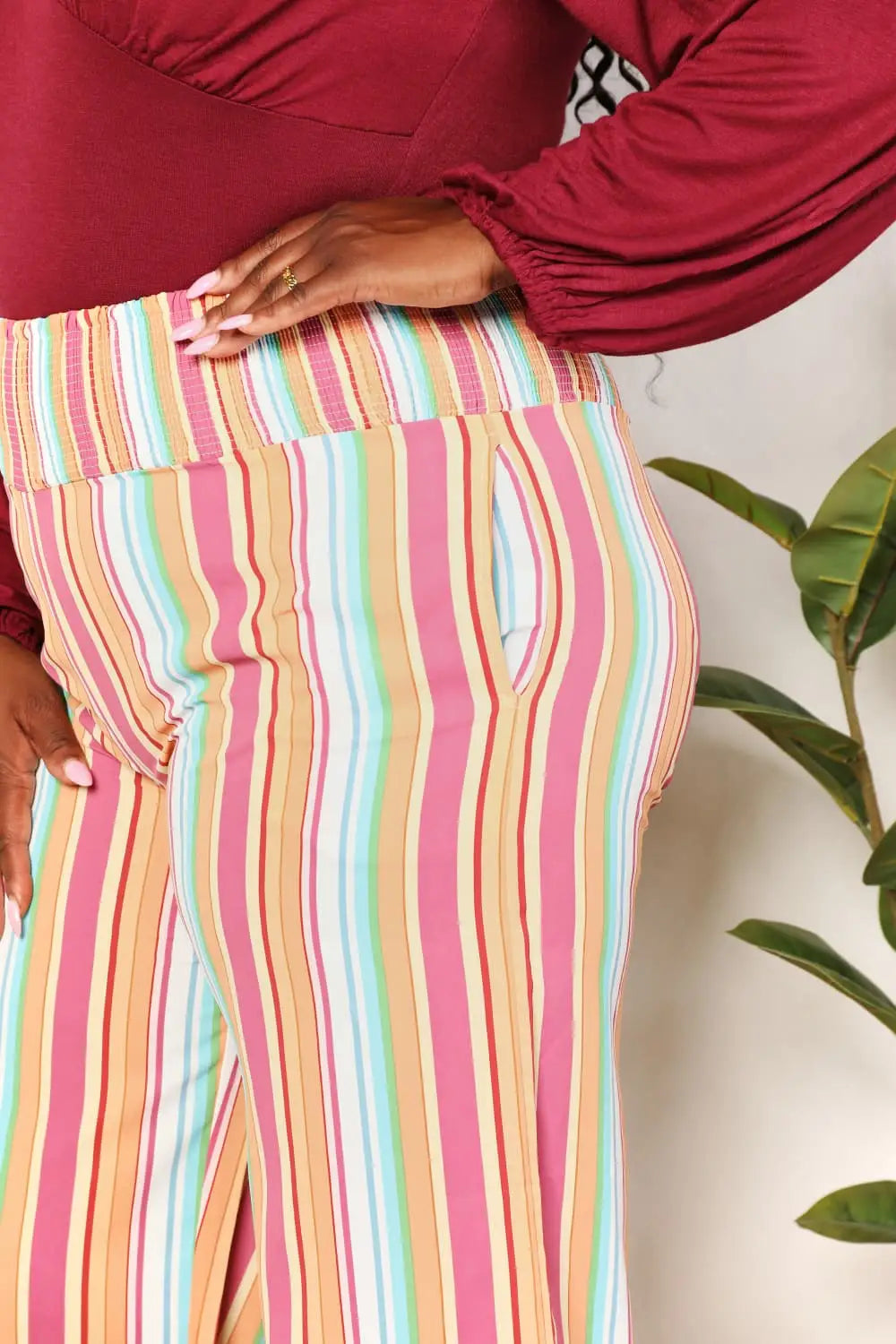 Striped Smocked Waist Pants - Pants