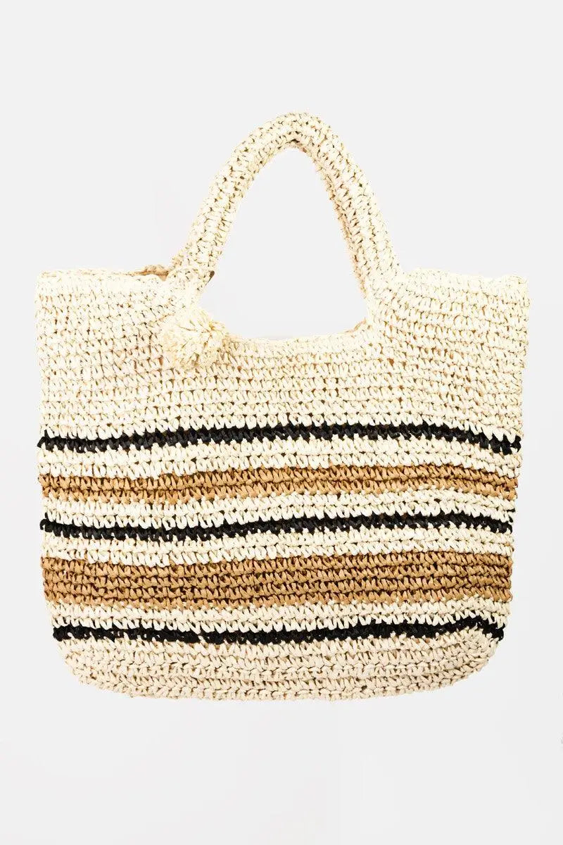 Striped Straw Braided Tote Bag - Tote Bags