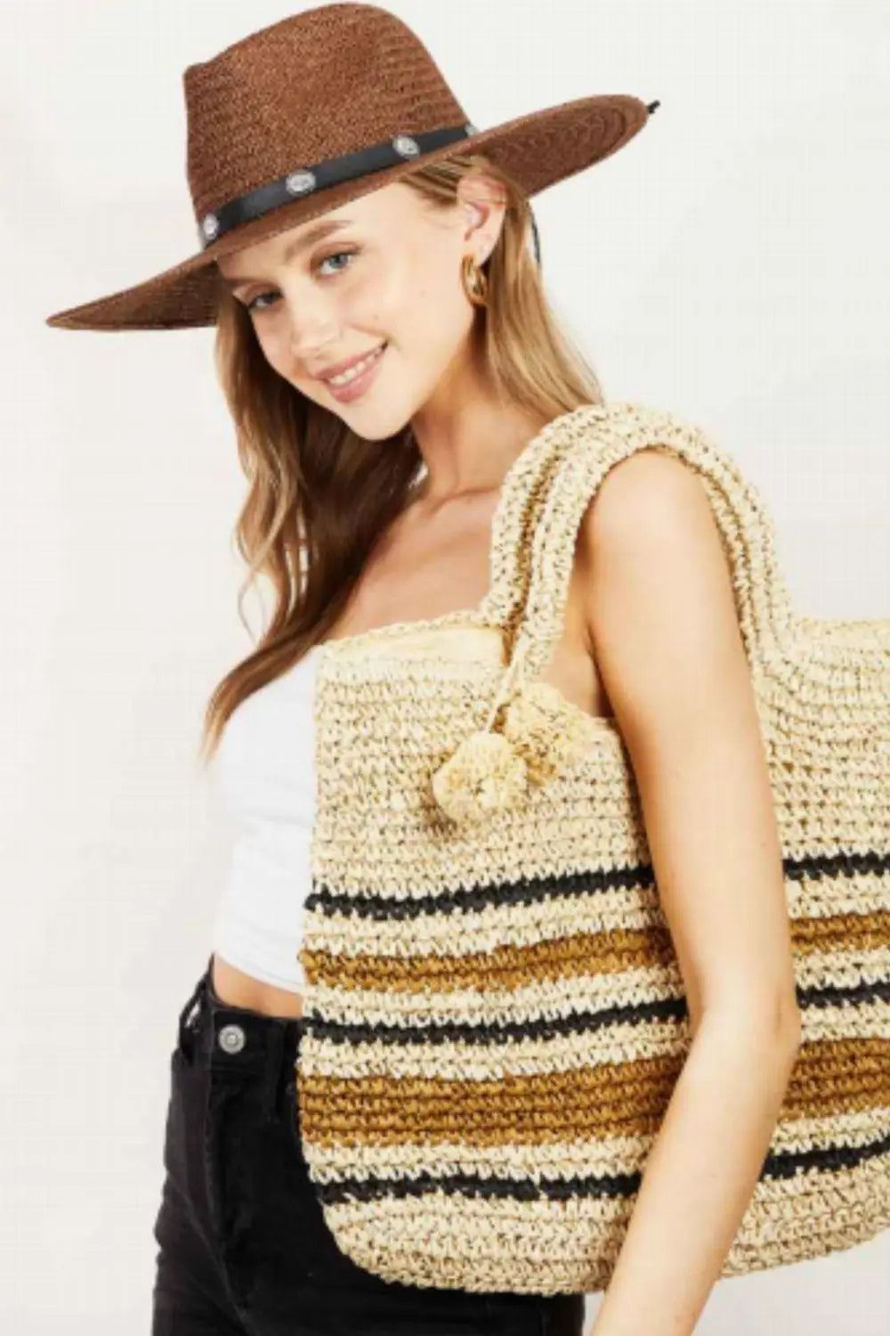 Striped Straw Braided Tote Bag - Tote Bags