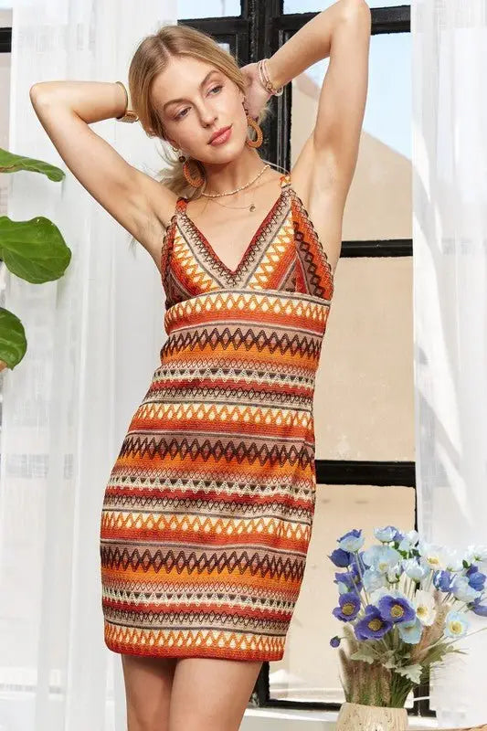 Striped V - Neck Mini Dress - Mini Dresses