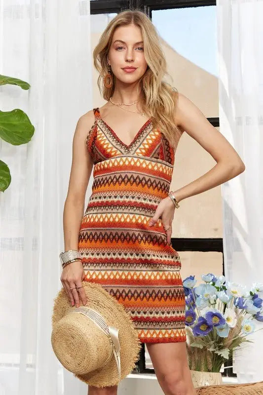 Striped V - Neck Mini Dress - Mini Dresses