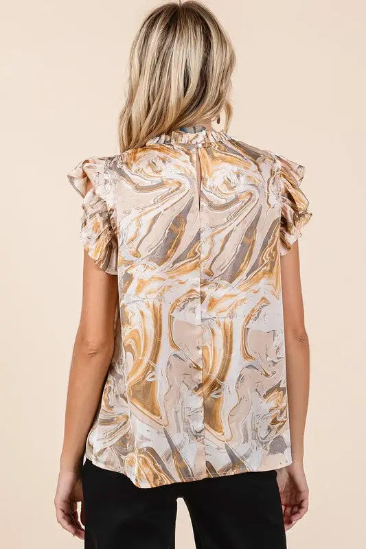 Mittoshop Abstract Print Ruffle Short Sleeve Satin Top - Eclectage