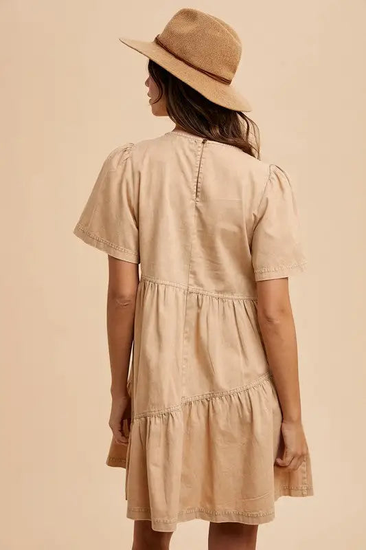 Tan Short Sleeve Denim Dress - Eclectage