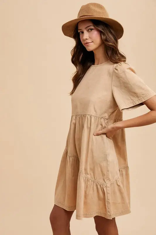 Tan Short Sleeve Denim Dress - Eclectage