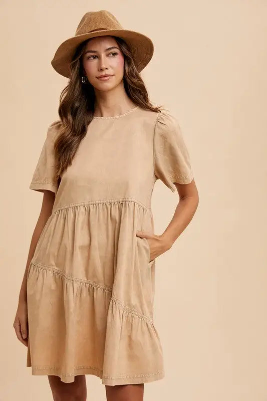 Tan Short Sleeve Denim Dress - Eclectage