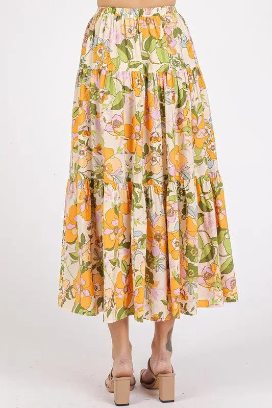 Tangerine Flower Print Tiered Skirt - Midi Skirts
