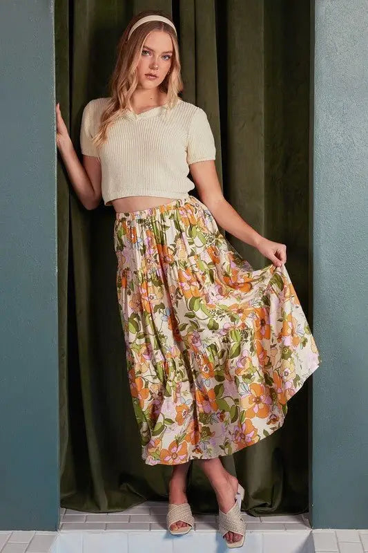 Tangerine Flower Print Tiered Skirt - Midi Skirts