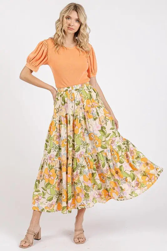 Tangerine Flower Print Tiered Skirt - Midi Skirts