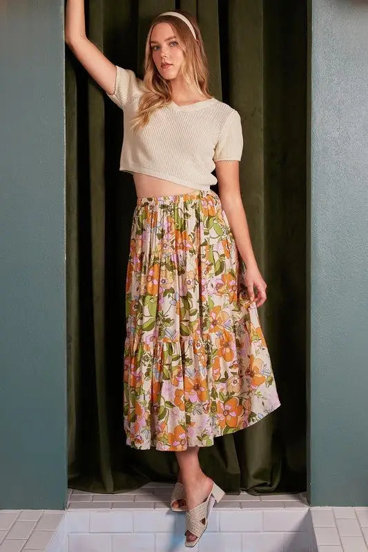 Tangerine Flower Print Tiered Skirt - Midi Skirts