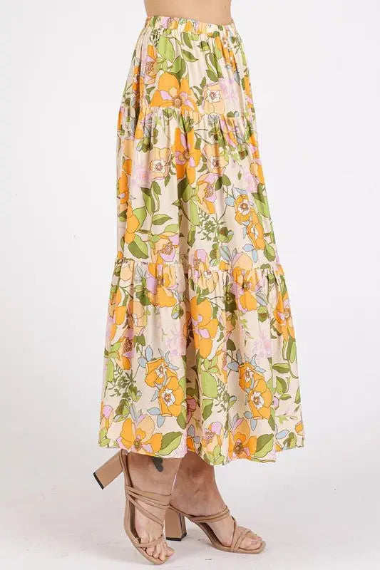 Tangerine Flower Print Tiered Skirt - Midi Skirts
