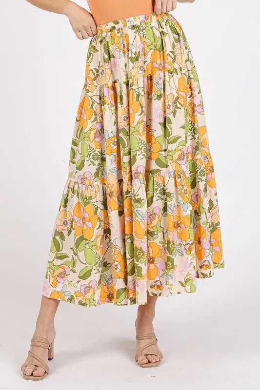 Tangerine Flower Print Tiered Skirt - Midi Skirts