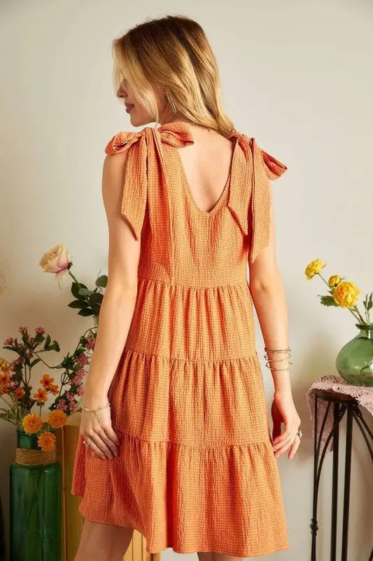 Tangerine V - Neck Tie Shoulder Dress - Mini Dresses