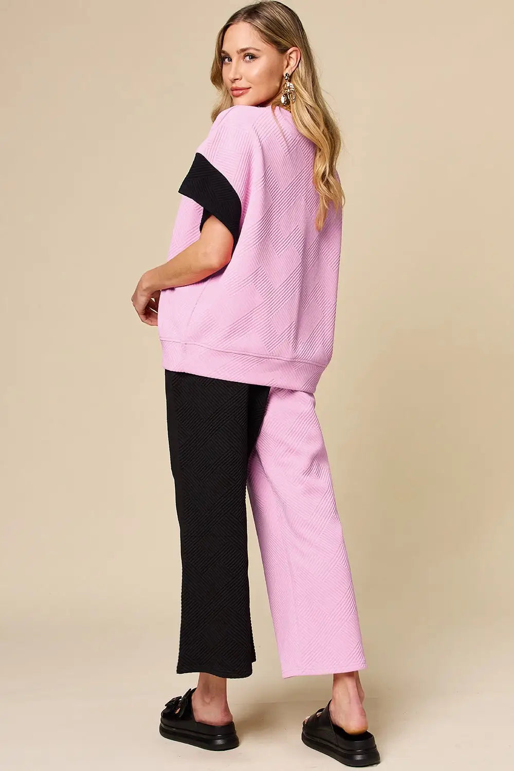 Texture Contrast T-Shirt and Wide Leg Pants Set - Pants Sets