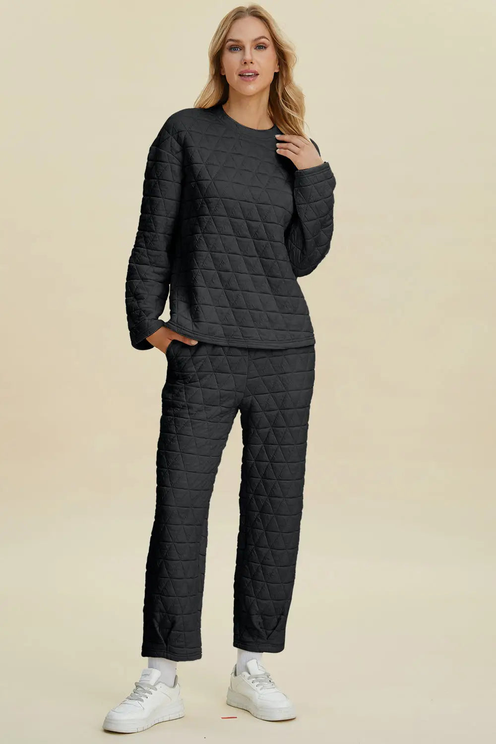 Texture Round Neck Long Sleeve Top and Pants Set - Eclectage