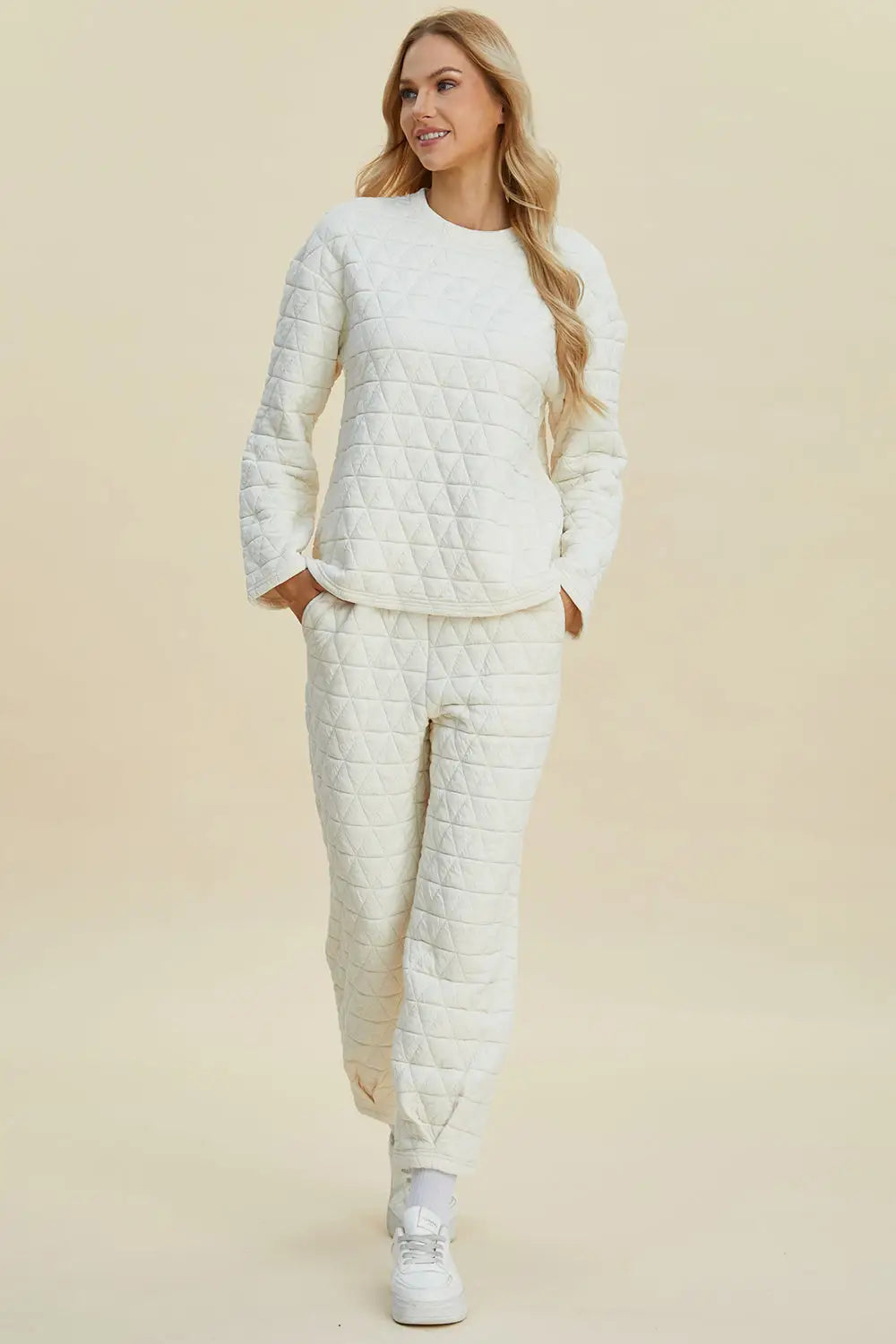Texture Round Neck Long Sleeve Top and Pants Set - Eclectage