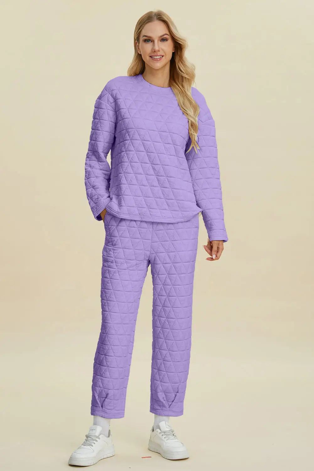Texture Round Neck Long Sleeve Top and Pants Set - Eclectage