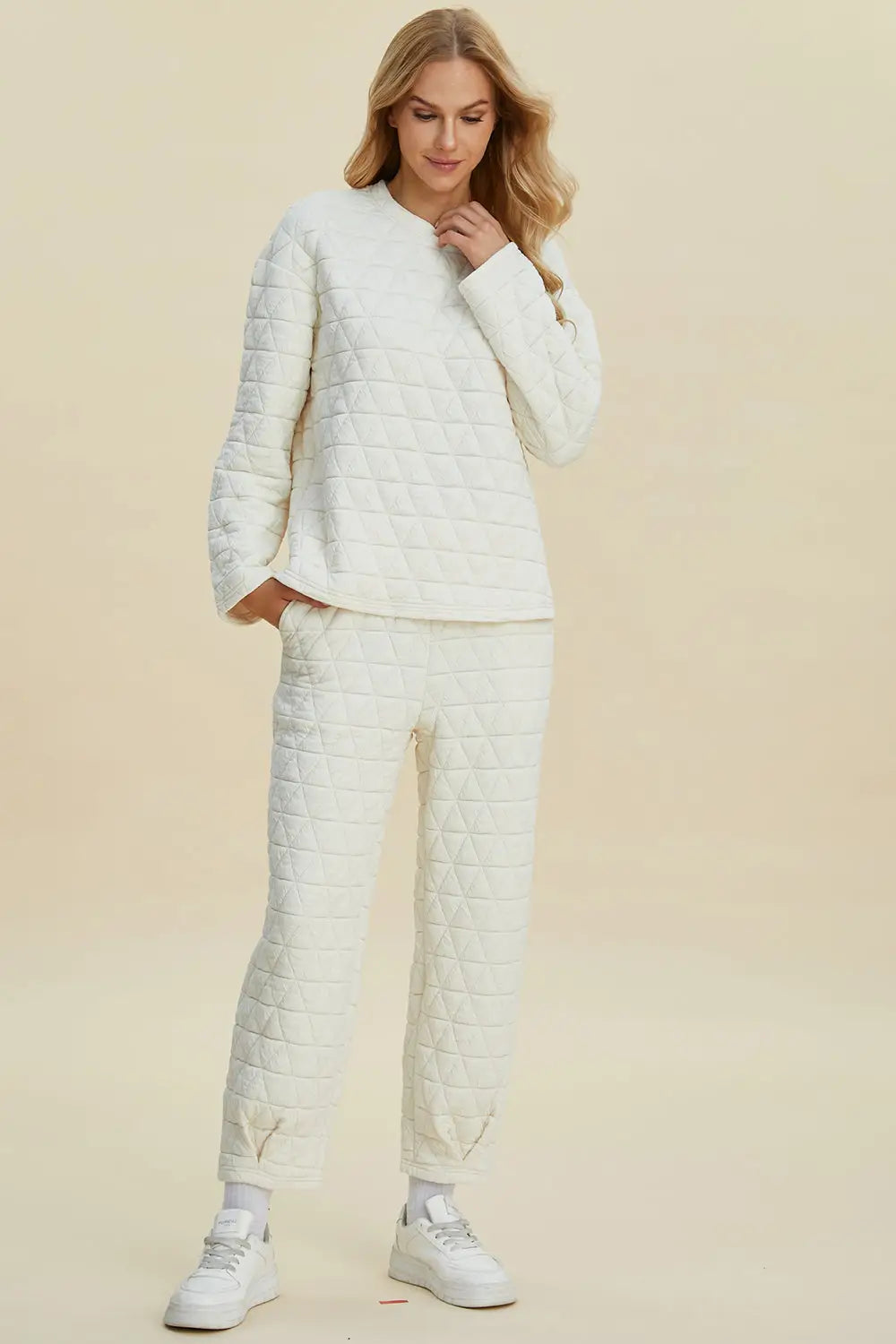 Texture Round Neck Long Sleeve Top and Pants Set - Eclectage