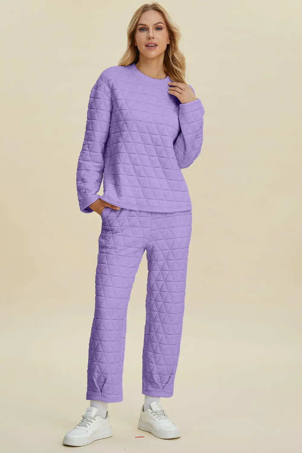 Texture Round Neck Long Sleeve Top and Pants Set - Eclectage