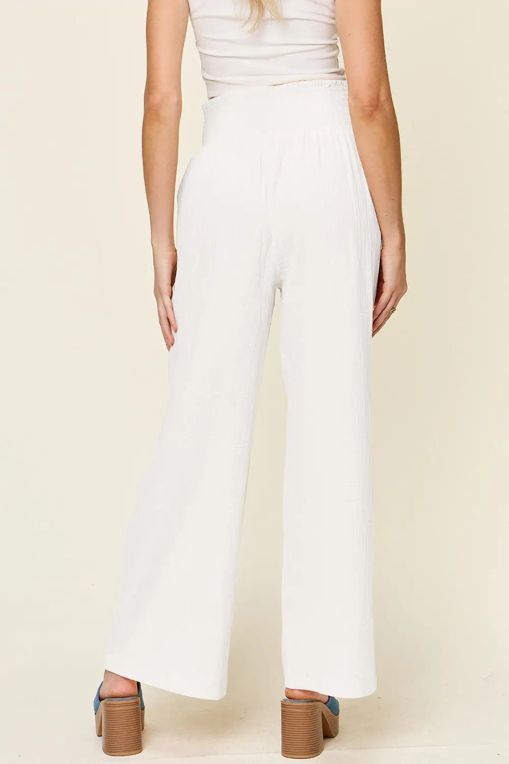 Texture Smocked Waist Wide Leg Pants - Pants