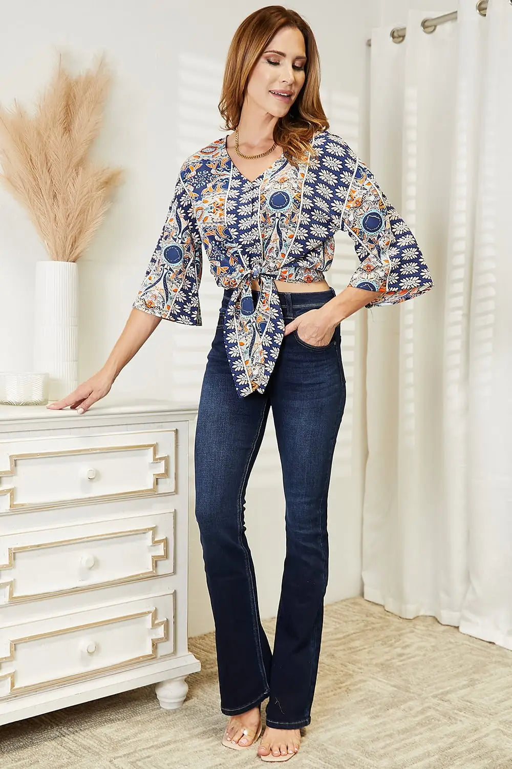 Tie Hem V - Neck Three - Quarter Sleeve Blouse - Blouses