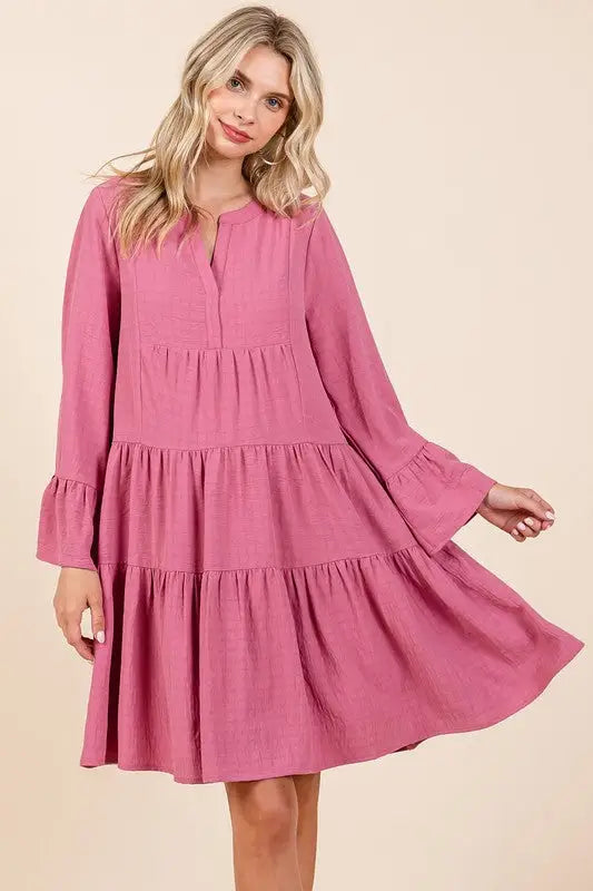 Mittoshop Tiered Notched Flare Sleeve Dress - Eclectage