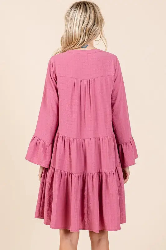 Mittoshop Tiered Notched Flare Sleeve Dress - Eclectage