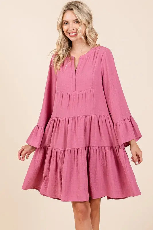 Mittoshop Tiered Notched Flare Sleeve Dress - Eclectage