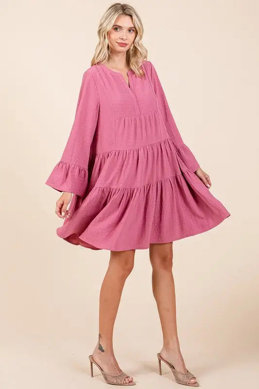 Mittoshop Tiered Notched Flare Sleeve Dress - Eclectage