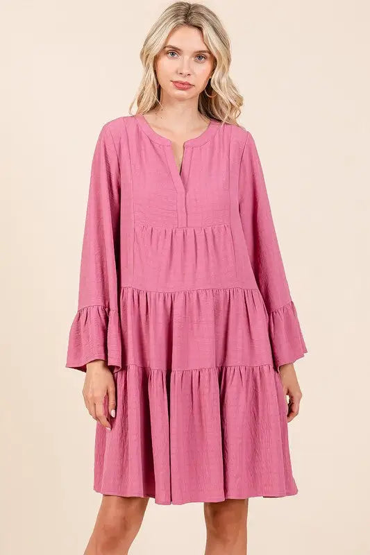 Mittoshop Tiered Notched Flare Sleeve Dress - Eclectage
