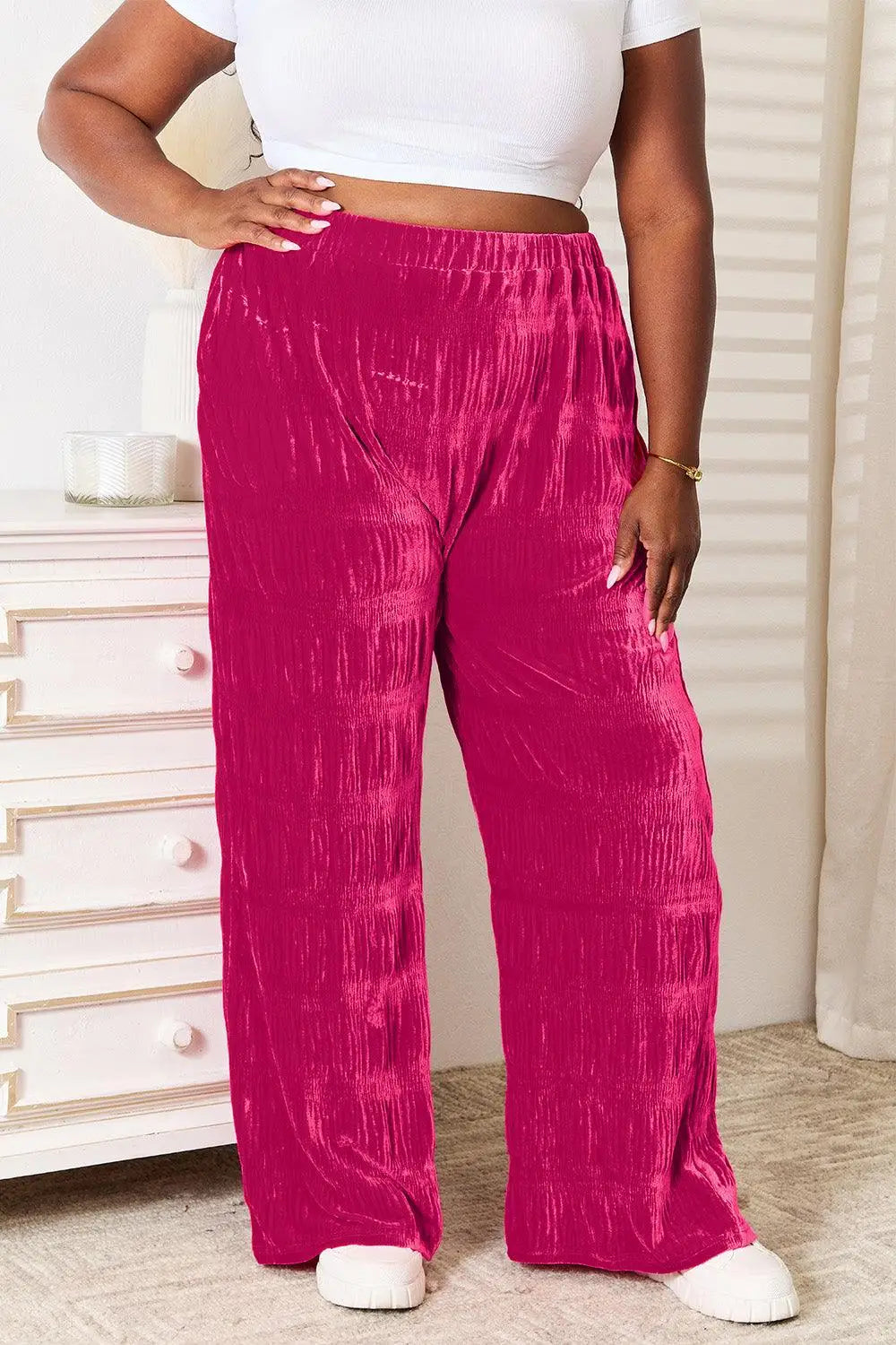 Tiered Velvet Wide Leg Hot Pink Pants - Pants