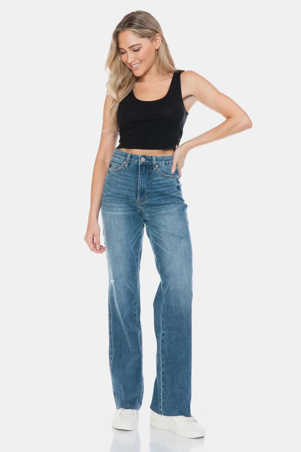 Tummy Control Cut Raw Hem Straight Jeans - Eclectage