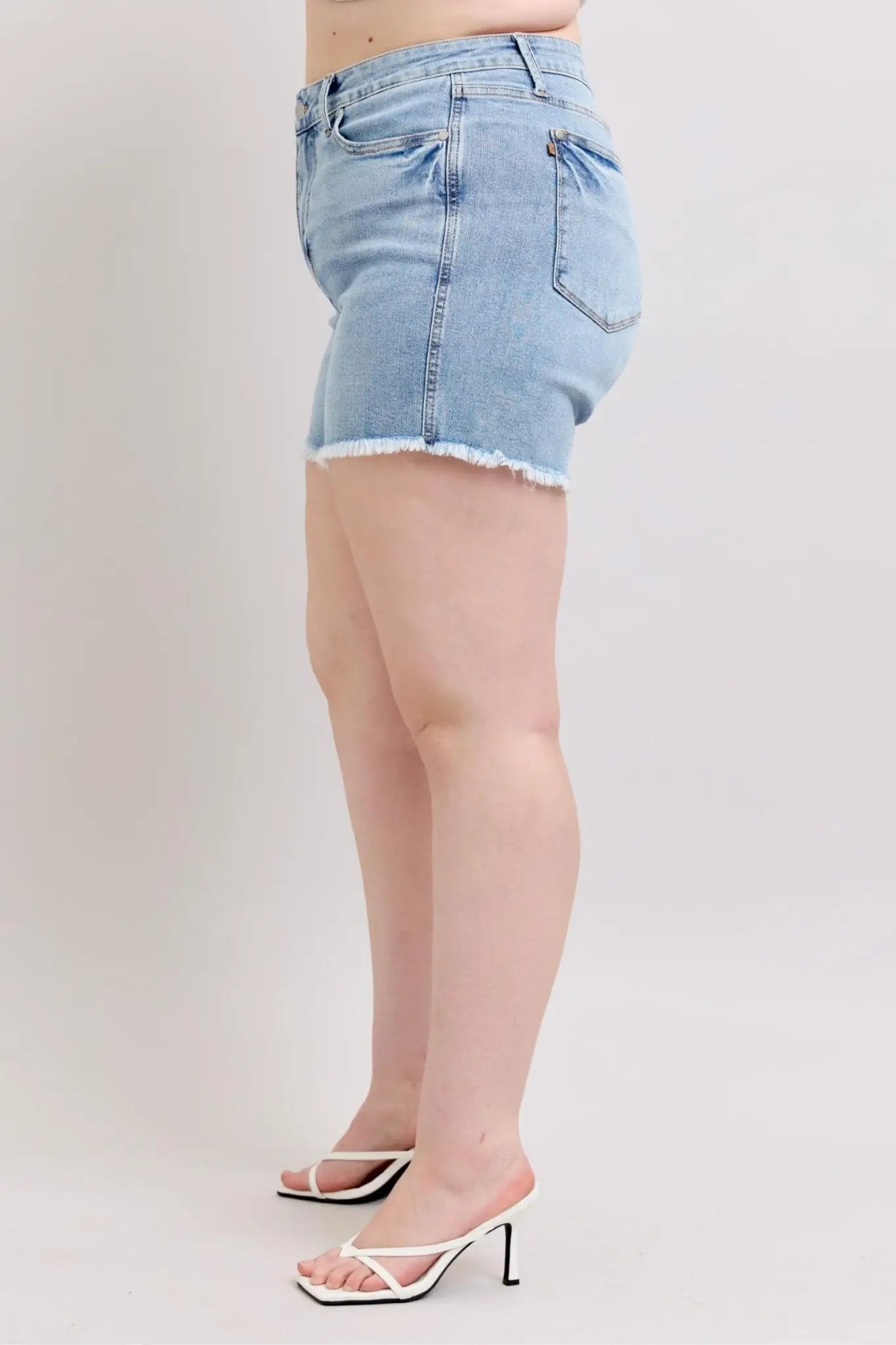 Tummy Control Raw Hem Denim Shorts - Denim Shorts