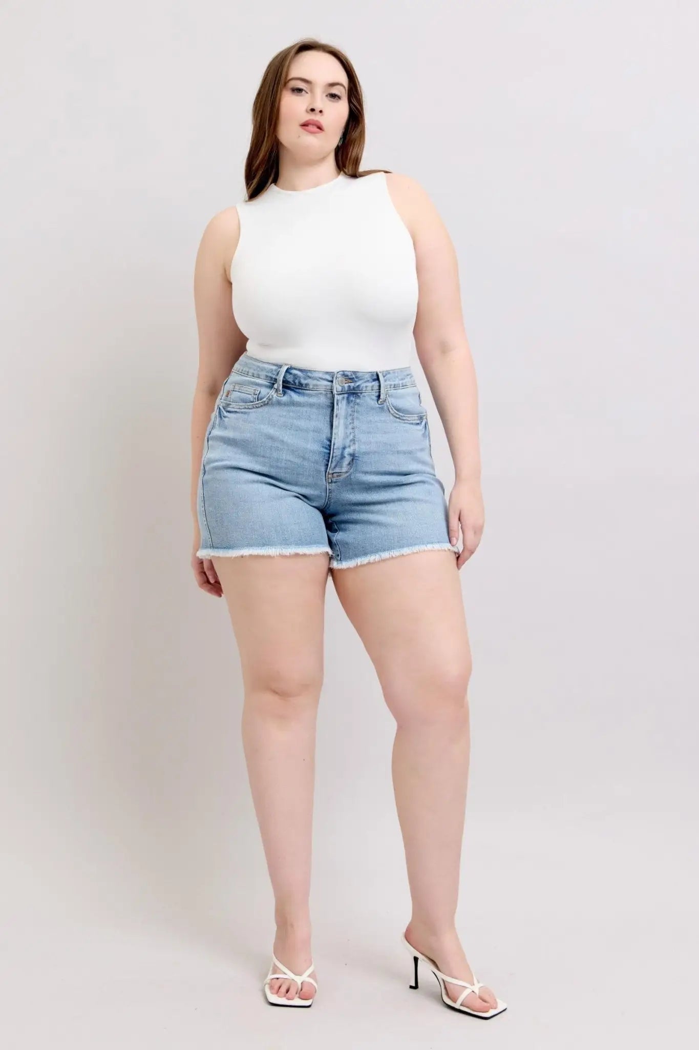 Tummy Control Raw Hem Denim Shorts - Denim Shorts