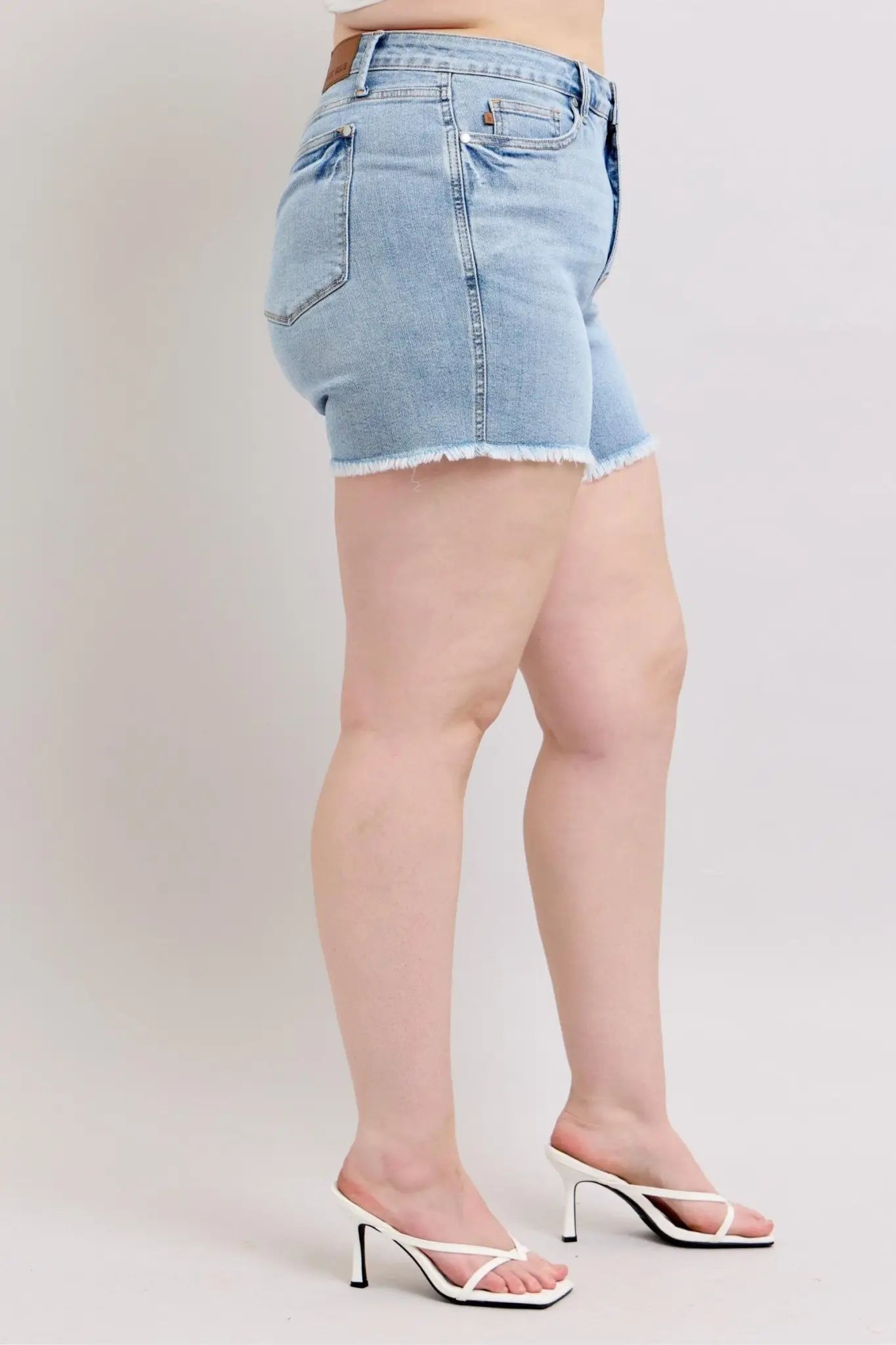 Tummy Control Raw Hem Denim Shorts - Denim Shorts