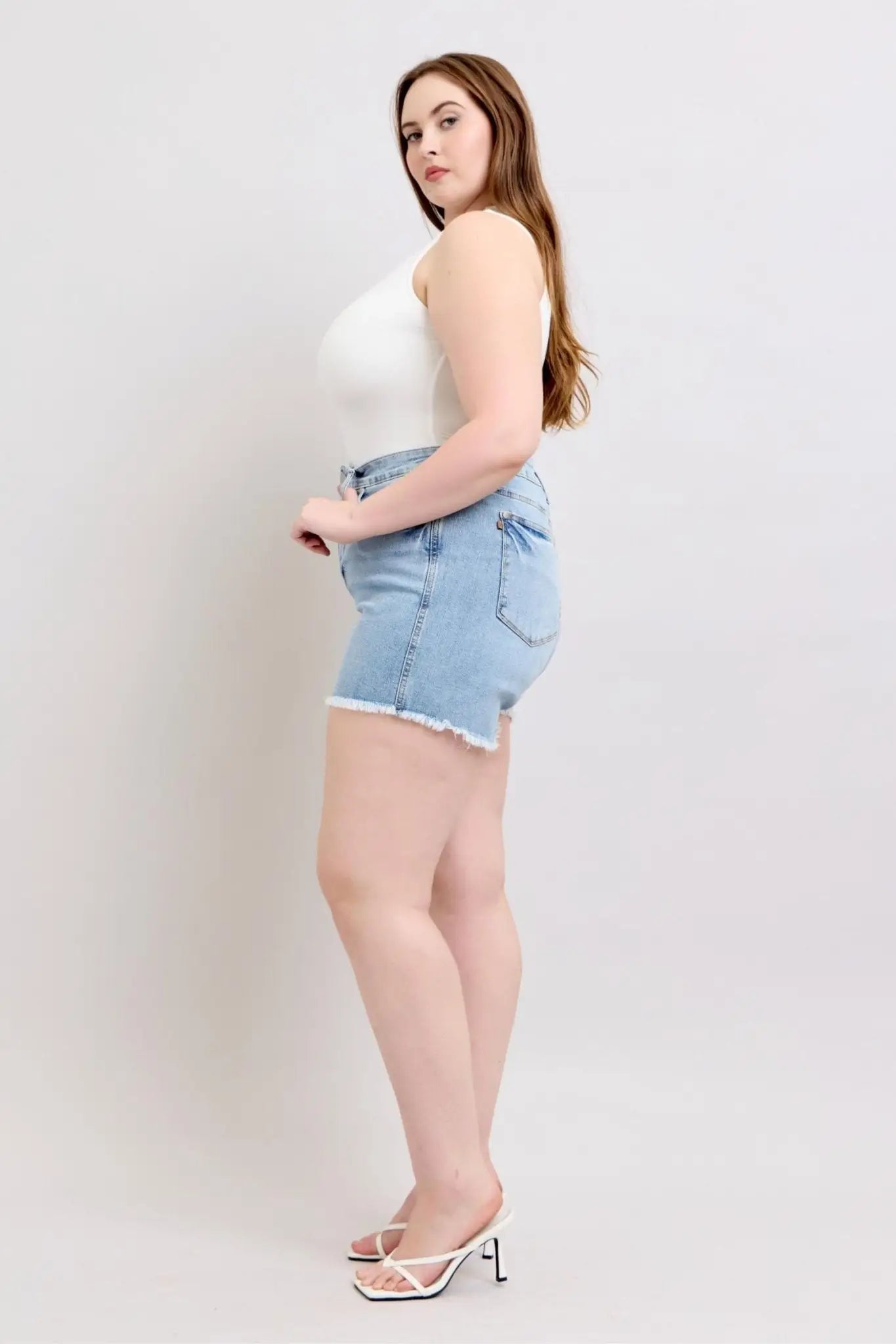 Tummy Control Raw Hem Denim Shorts - Denim Shorts