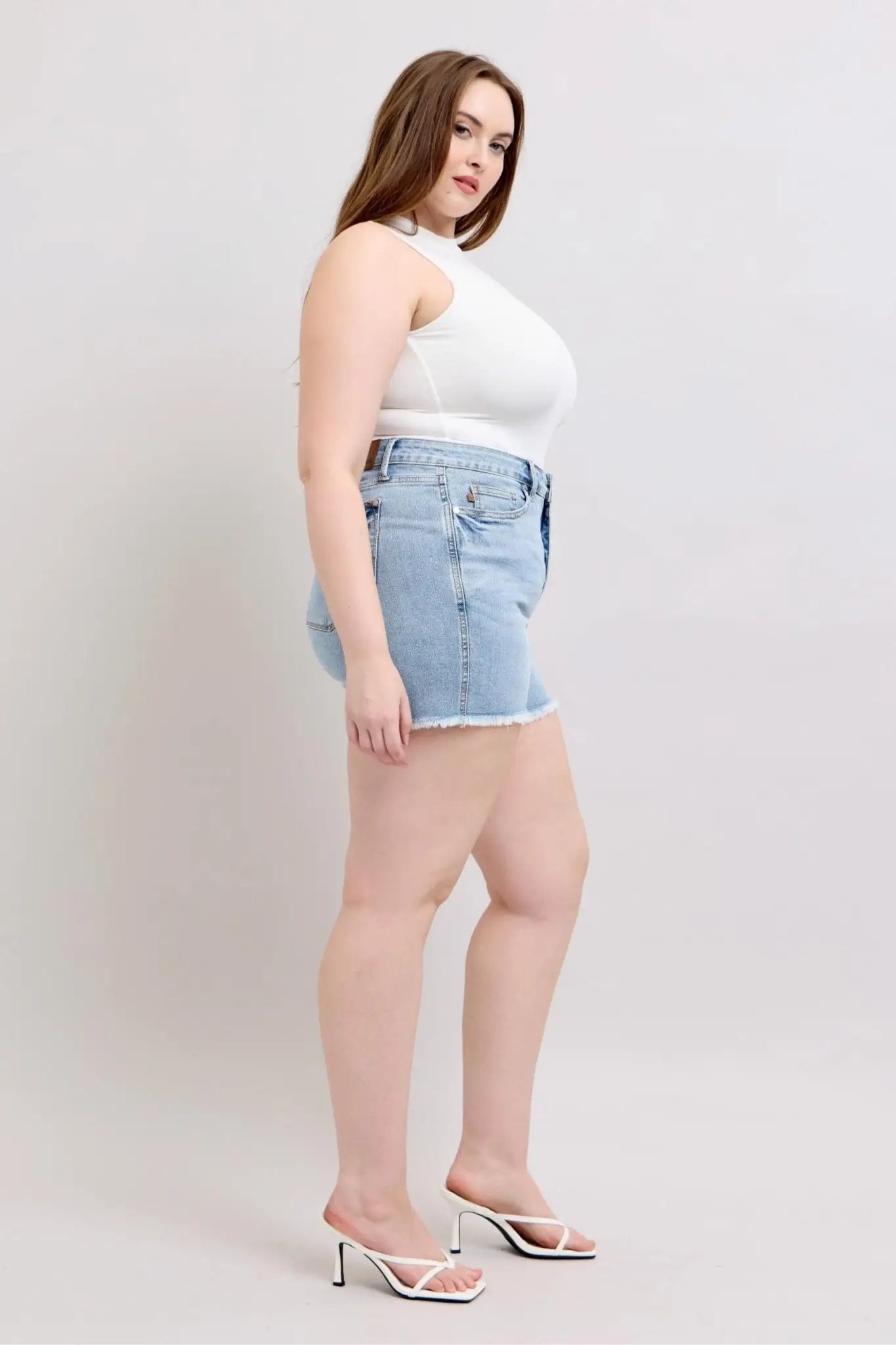 Tummy Control Raw Hem Denim Shorts - Denim Shorts