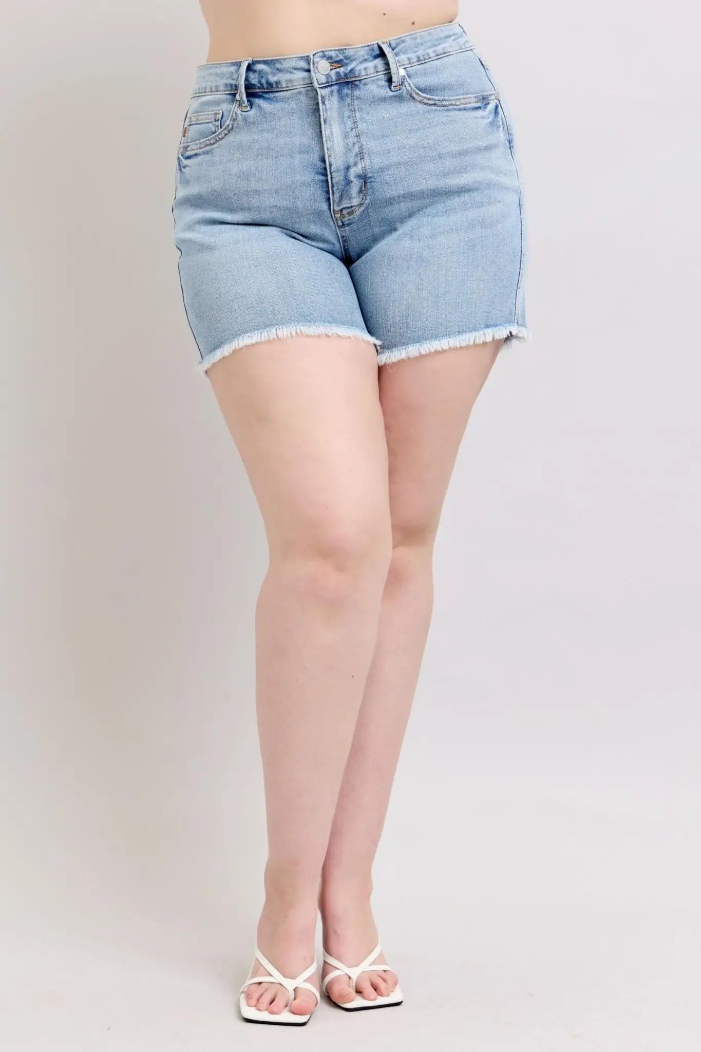 Tummy Control Raw Hem Denim Shorts - Denim Shorts