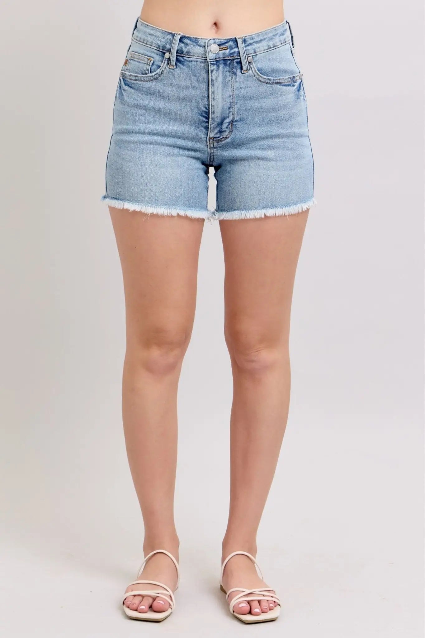 Tummy Control Raw Hem Denim Shorts - Denim Shorts